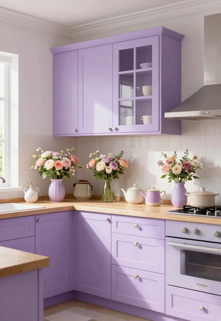 14 Kitchen Cabinet Paint Color Ideas That Refresh Fast 6. Pale Lavender 0