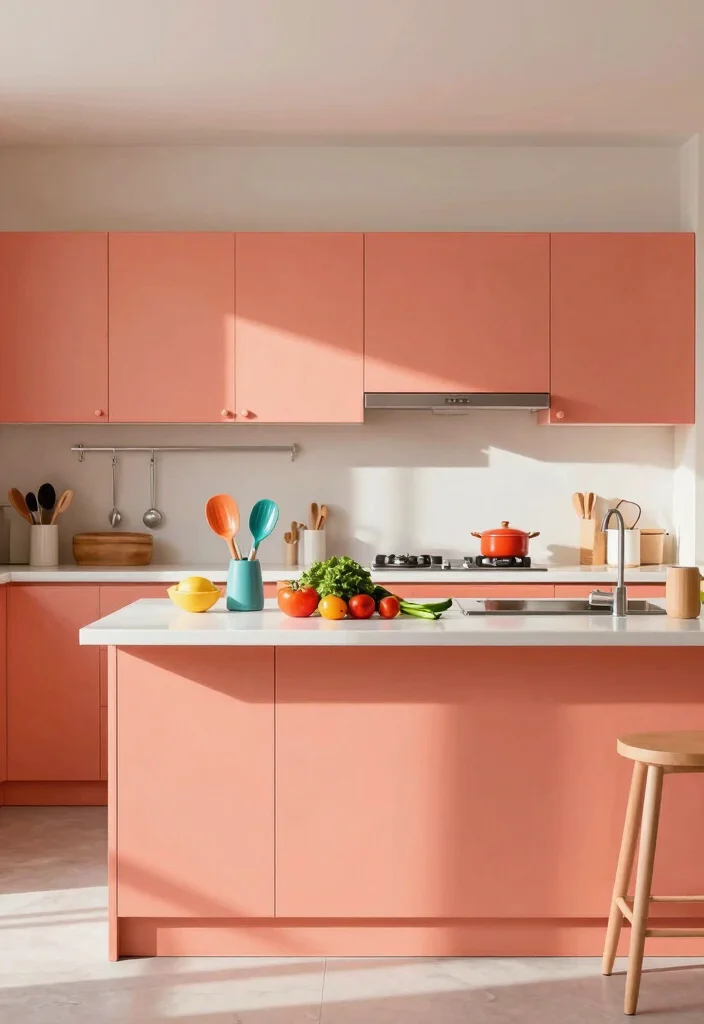 14 Kitchen Cabinet Paint Color Ideas That Refresh Fast 7. Soft Coral 0